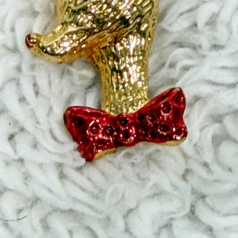 Vintage AAI Rudolph Reindeer Christmas Brooch Pin Gold Tone Red Bow Tie 1.5
